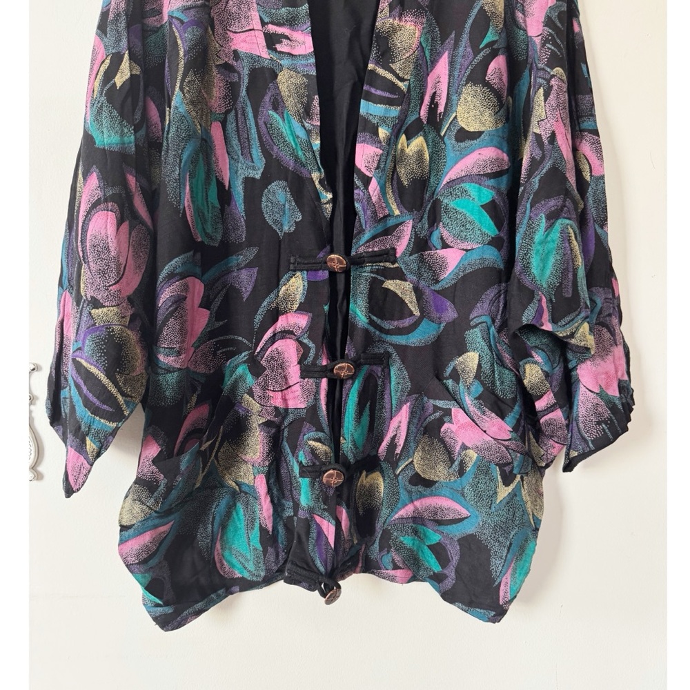 Vintage 80s Black Pink Teal Floral Oversized Kimono Jacket Blazer Artsy Boho L - Picture 3 of 9